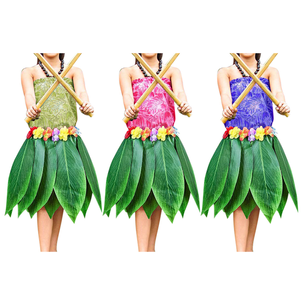 Kurtzy, Leaf Hula Skirt 3 Pack - Hawaiian Green Leaf Grass Skirt with Artificial Hibiscus Flower for Beach, BBQ Cosplay & Luau Party Supplies - Banana Leaf Style Hawaiian Skirts