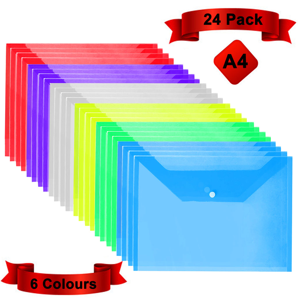 Plastic Popper Wallet Folders, 24 Pack, A4 Document File, Press Stud DL Envelope, Poly File Plastic Paper Wallet, Clear Assorted Colours, for Certificates, Receipts and Vouchers