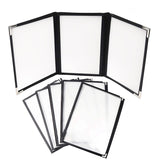 A4 Triple Fold Menu Covers (5 Pack) - Displays 6 pages Clear Vinyl Black Binding Tri Fold American Style Menu Covers with Stainless Steel Corner Protectors for Restaurant, Bar and Café