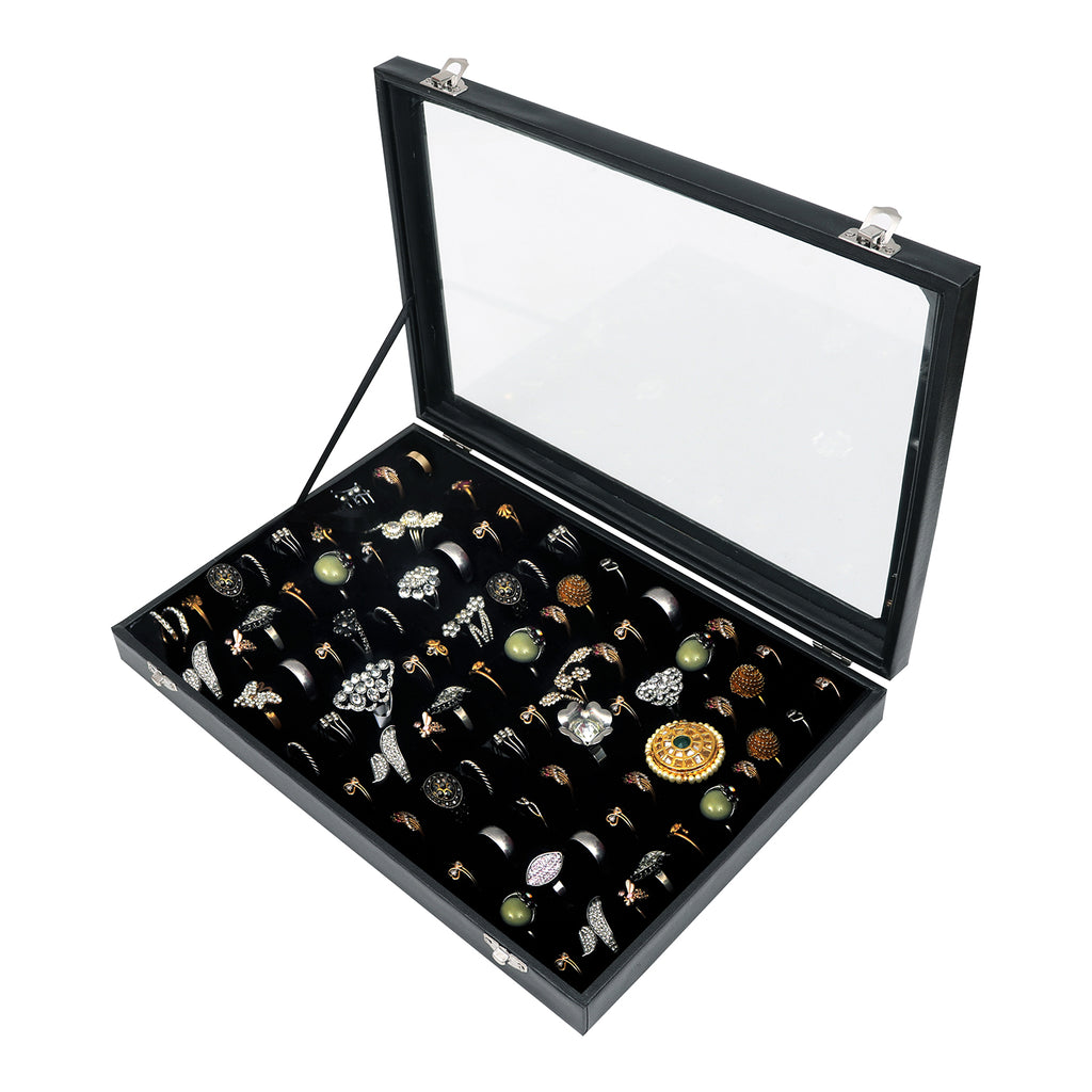 Kurtzy Ring Display Box - Ring Holder Organizer hold up to 70 Rings - Jewellery Box - Ring Storage Case - Faux PVC Leather and Velvet Lining Box for Jewellery, Rings, Earring and more