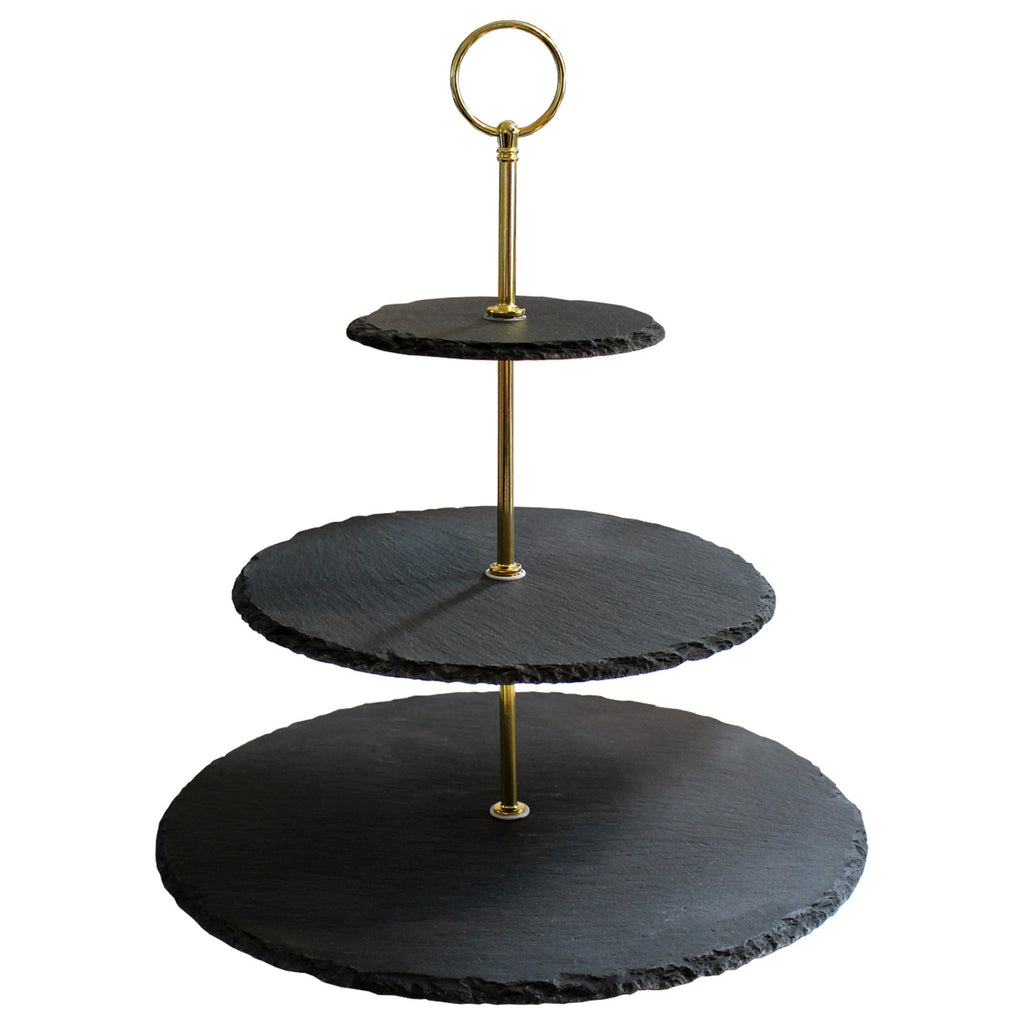 Cake Stand - 3 tier Afternoon Tea Stand, Cupcake Stand with Gold Finish Steel Handle - Natural Slate Serving Platters for Cookies, Sandwiches, Muffins, Dessert Birthday Wedding Food Photography Tool