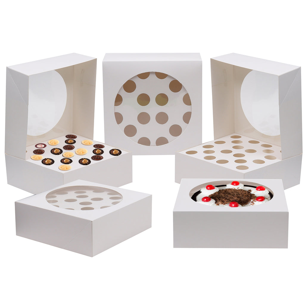 Cake Box (5 Pack) -  For 20 Individual Cupcakes or Large Single Cake (28.5 x 28.5cm) with Clear Window - Square Disposable Cardboard Cake Box for Christmas, Birthday, Party and Gifts
