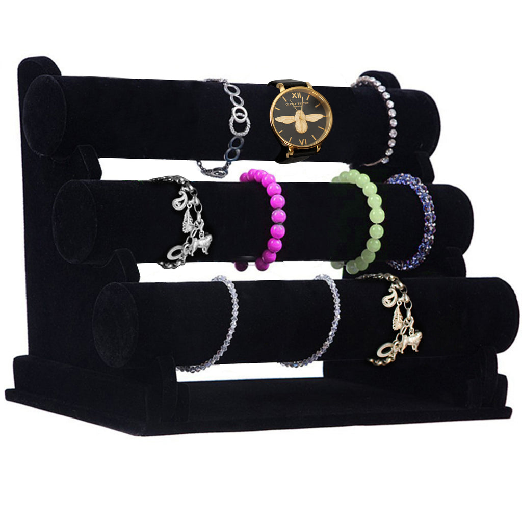 Bracelet Holder - 3 Tier Size 31x18x26cm (LxBxH) Velvet Jewellery Display Rack Organiser with Removable Bars - Jewelry Storage Stand For Your Bangles, Bracelets and Watches (Black)