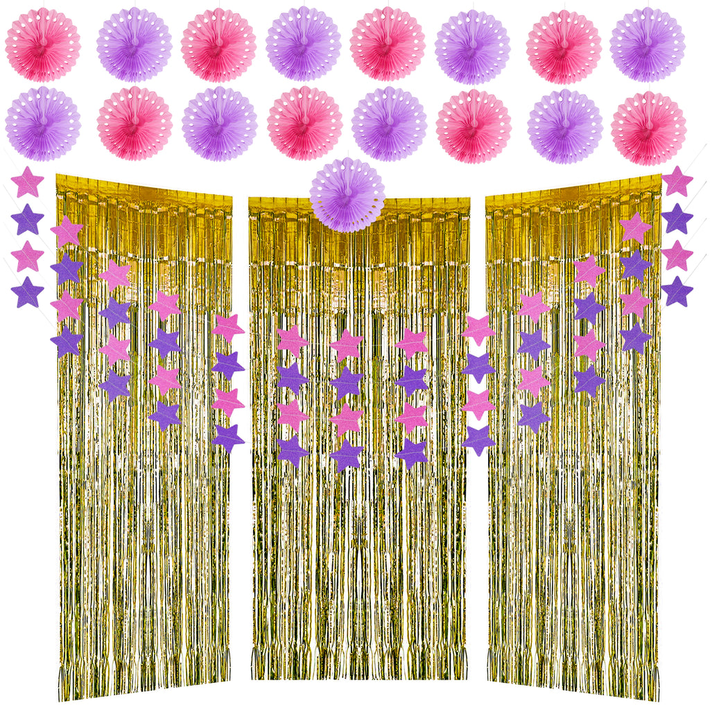 Metallic Tinsel Curtains / Fringe Shimmer Curtain 24 Pcs By Belle Vous - Birthday Decorating Banner Kit With 17 Pom Poms , 4 Banner Stars , 3 Tinsel Gold Curtains - Tassel Foil Backdrop for Birthday, Wedding Party Decorations