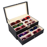 Sunglasses Display Case - 12 Compartments of Eyeglass Organizer Box with Large Leather Storage for Presentation with Lock and Key - Ideal for Eye Wears, Jewelry, Key-Chains
