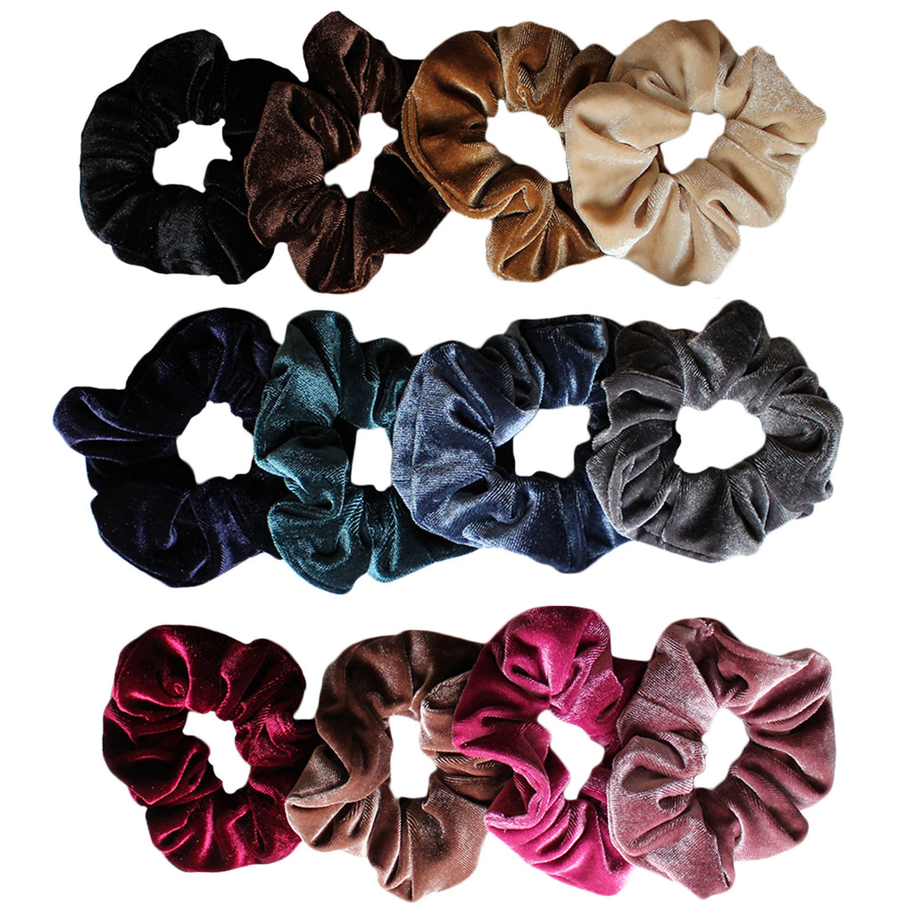 Kurtzy 12 pcs Scrunchies - Colourful Velvet Hair Scrunchie - Thick Hair Bobble Bands - Elastic Hair Band for Women -  Hair Scrunchy Ties in Browns, Grey, Blues, Beige, Dusky Pink, Rose Red and Black