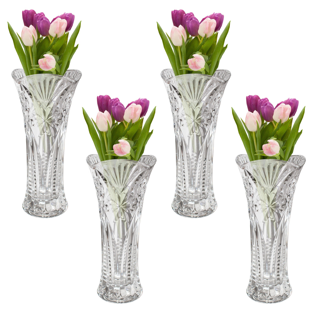 Kurtzy Pack of 4 Mini Embossed Crystal Clear Glassware Vases for Wedding Centerpiece Decoration, Flower Vases for Living Room, Event Party Decoration - Wedding Gift and Home Decor