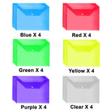 Plastic Popper Wallet Folders, 24 Pack, A4 Document File, Press Stud DL Envelope, Poly File Plastic Paper Wallet, Clear Assorted Colours, for Certificates, Receipts and Vouchers